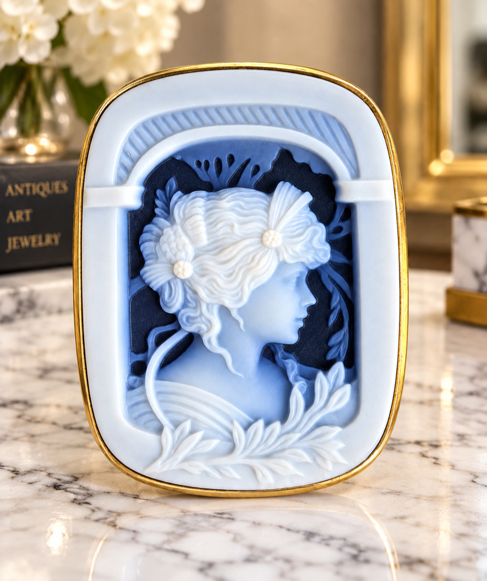 Vintage Giovanni Apa 14K Gold Blue Agate Glass Cameo Brooch Pendant Italy Tag